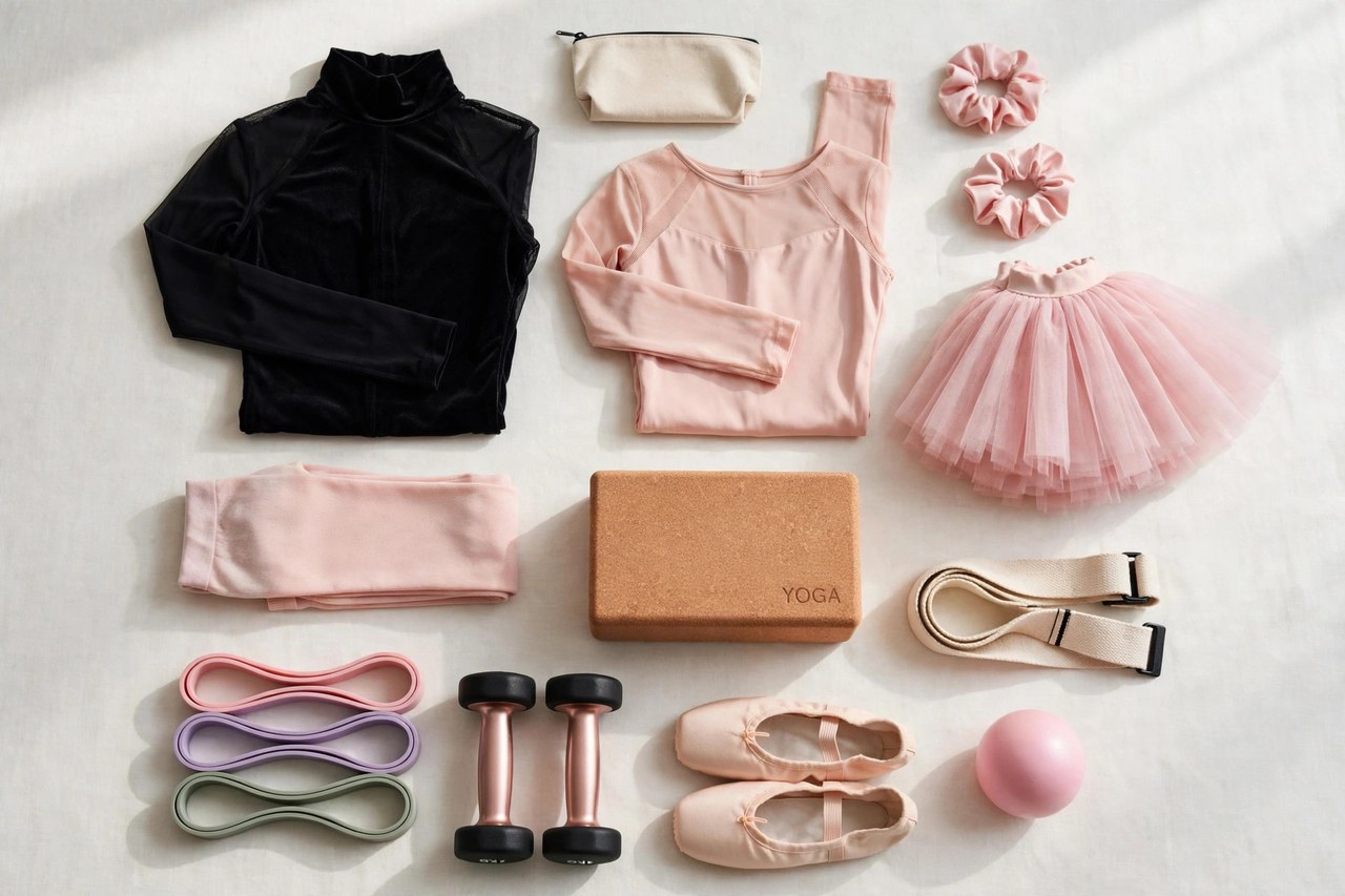 A flat lay of women's dancewear and activewear - leotards, tights, a folded tutu, yoga accessories and toning equipment arranged neatly, product photography with no people and no mannequins