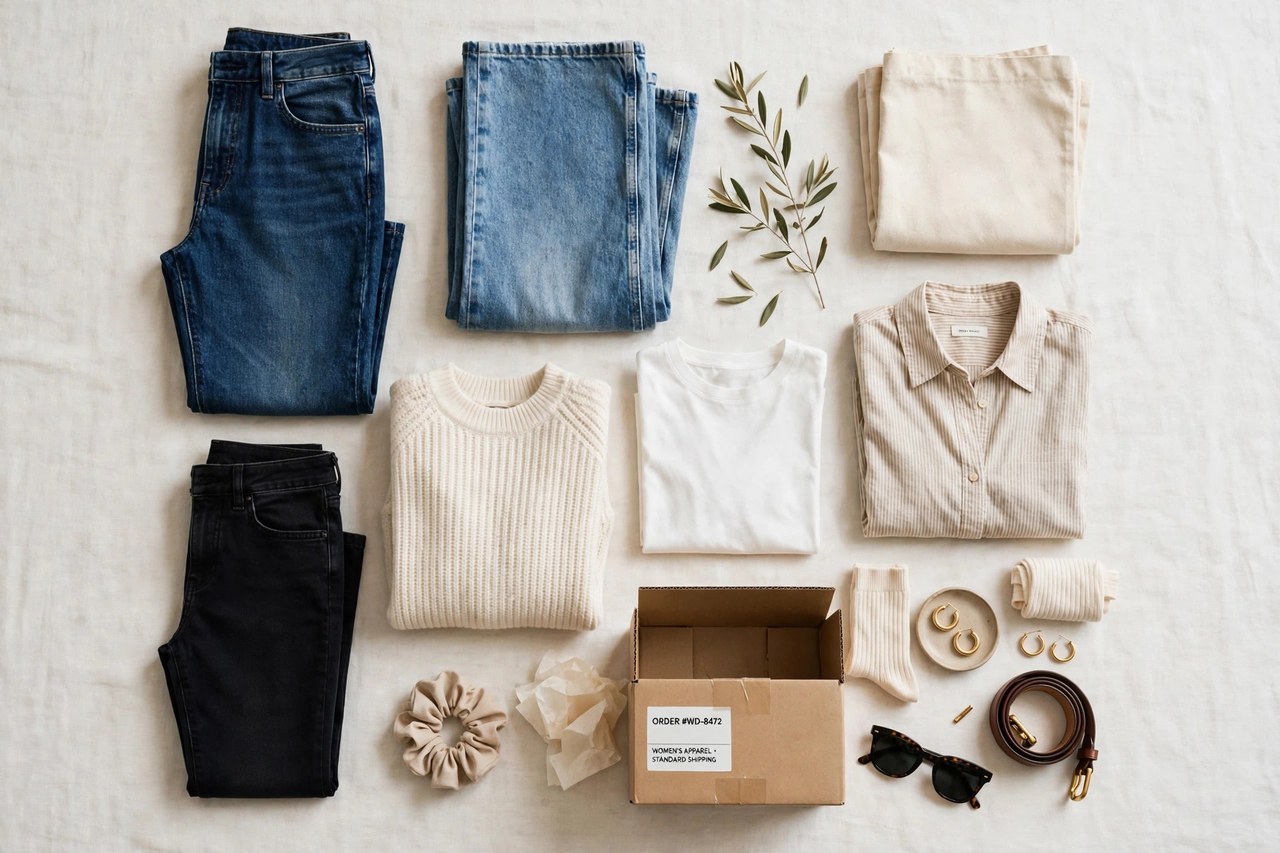 A flat lay of women's designer jeans and casual clothing - denim jeans in several fits, casual tops and accessories arranged with a small shipping carton, product photography with no people and no mannequins
