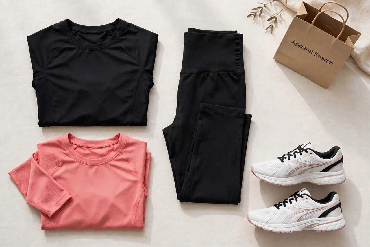 A flat lay of women's athletic clothing and running shoes - folded training tops, leggings and sneakers arranged with a small Apparel Search shopping bag, product photography with no people and no mannequins