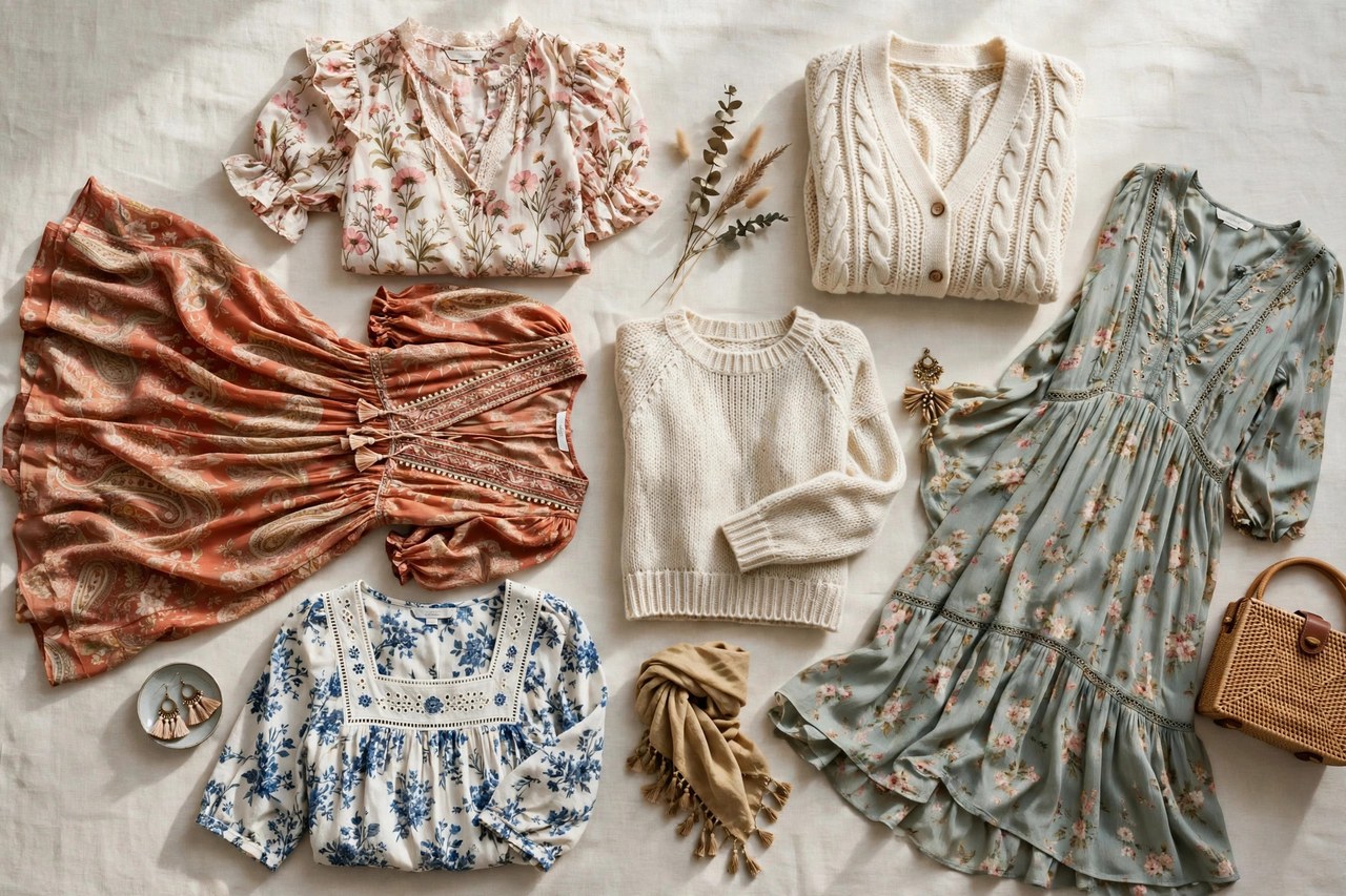 A flat lay of women's boho-chic clothing - romantic printed tops, flowing dresses and soft knit pieces arranged neatly, product photography with no people and no mannequins