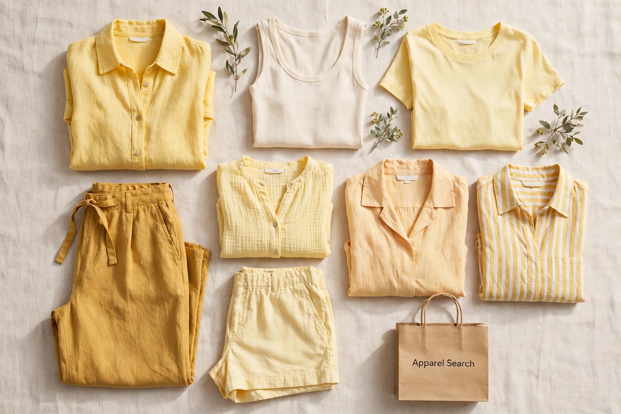 A flat lay of women's casual clothing - effortless relaxed separates in natural fabrics and sunny colours arranged neatly with a small Apparel Search shopping bag, product photography with no people and no mannequins
