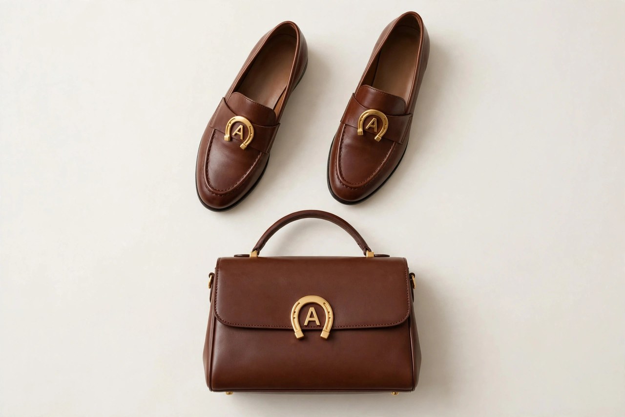 A flat lay of women's leather shoes and a structured handbag - fine cordovan leather goods with signature horseshoe A hardware arranged neatly, product photography with no people and no mannequins