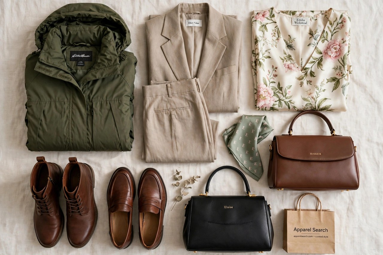 A flat lay of women's clothing from brands beginning with E - outdoor jackets, tailored suits, printed silk dresses and leather shoes and handbags arranged together with a small Apparel Search shopping bag, product photography with no people and no mannequins