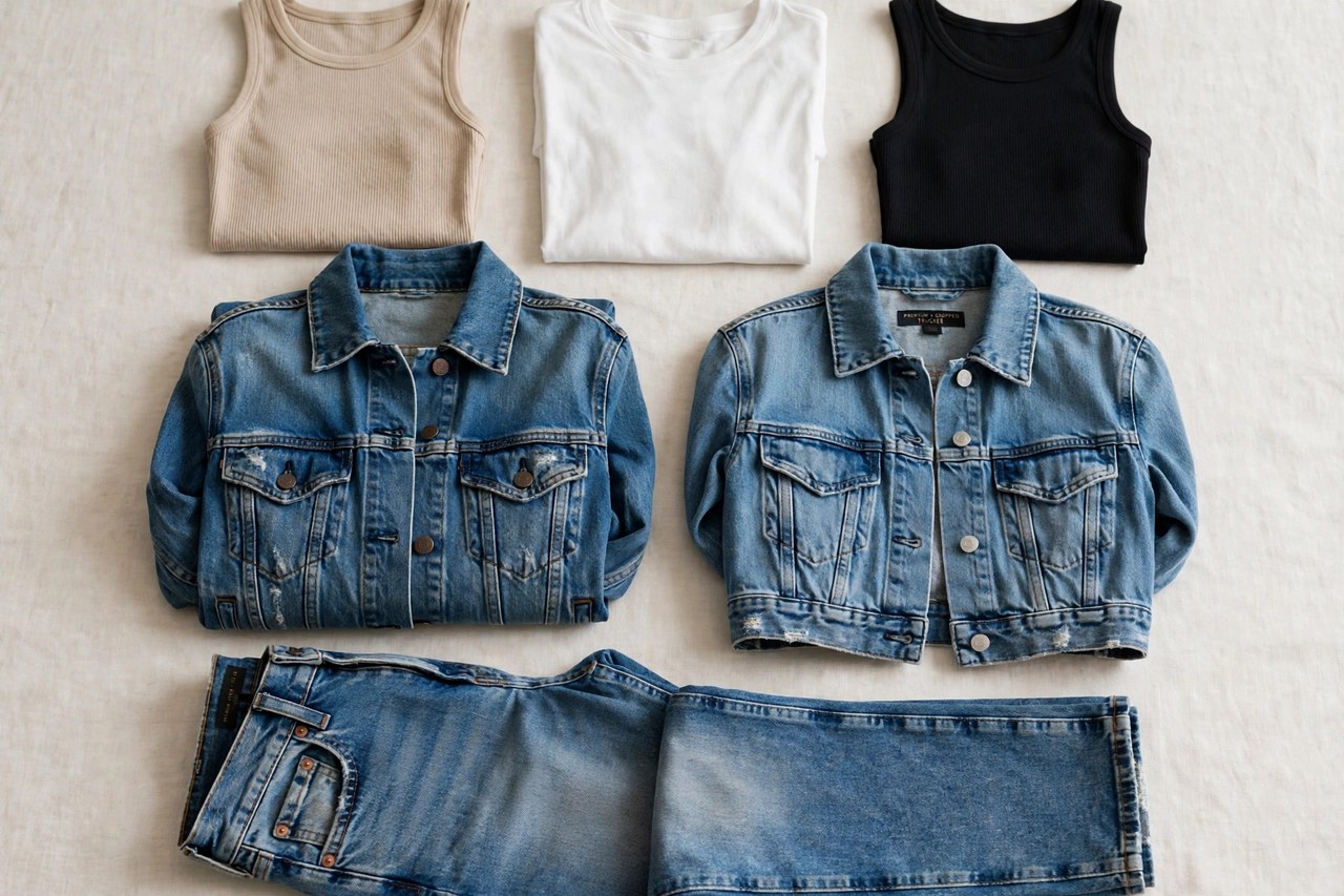 A flat lay of women's premium denim clothing - low-rise jeans, denim jackets and casual tops arranged neatly, product photography with no people and no mannequins