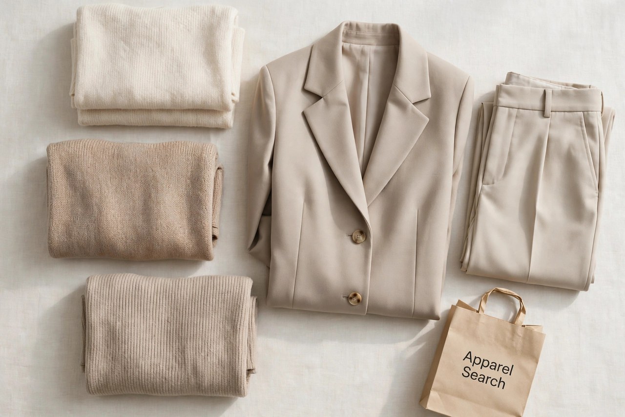 A flat lay of women's clothing - folded knit tops, a tailored jacket and trousers in clean neutral colours arranged neatly with a small Apparel Search shopping bag, product photography with no people and no mannequins