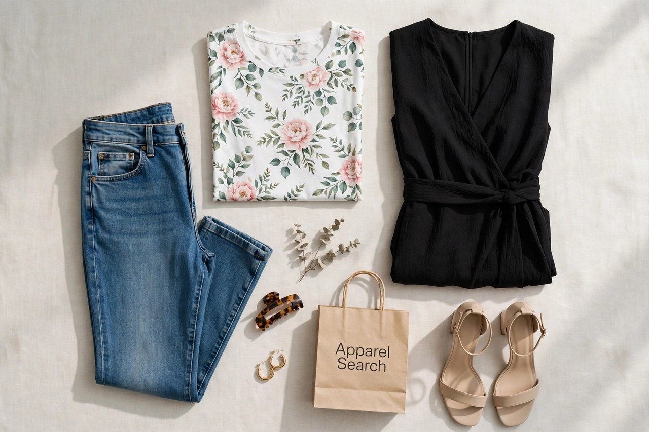 A flat lay of women's denim and casual clothing - women's jeans, a printed T-shirt, an elegant dress and shoes arranged neatly with a small Apparel Search shopping bag, product photography with no people and no mannequins
