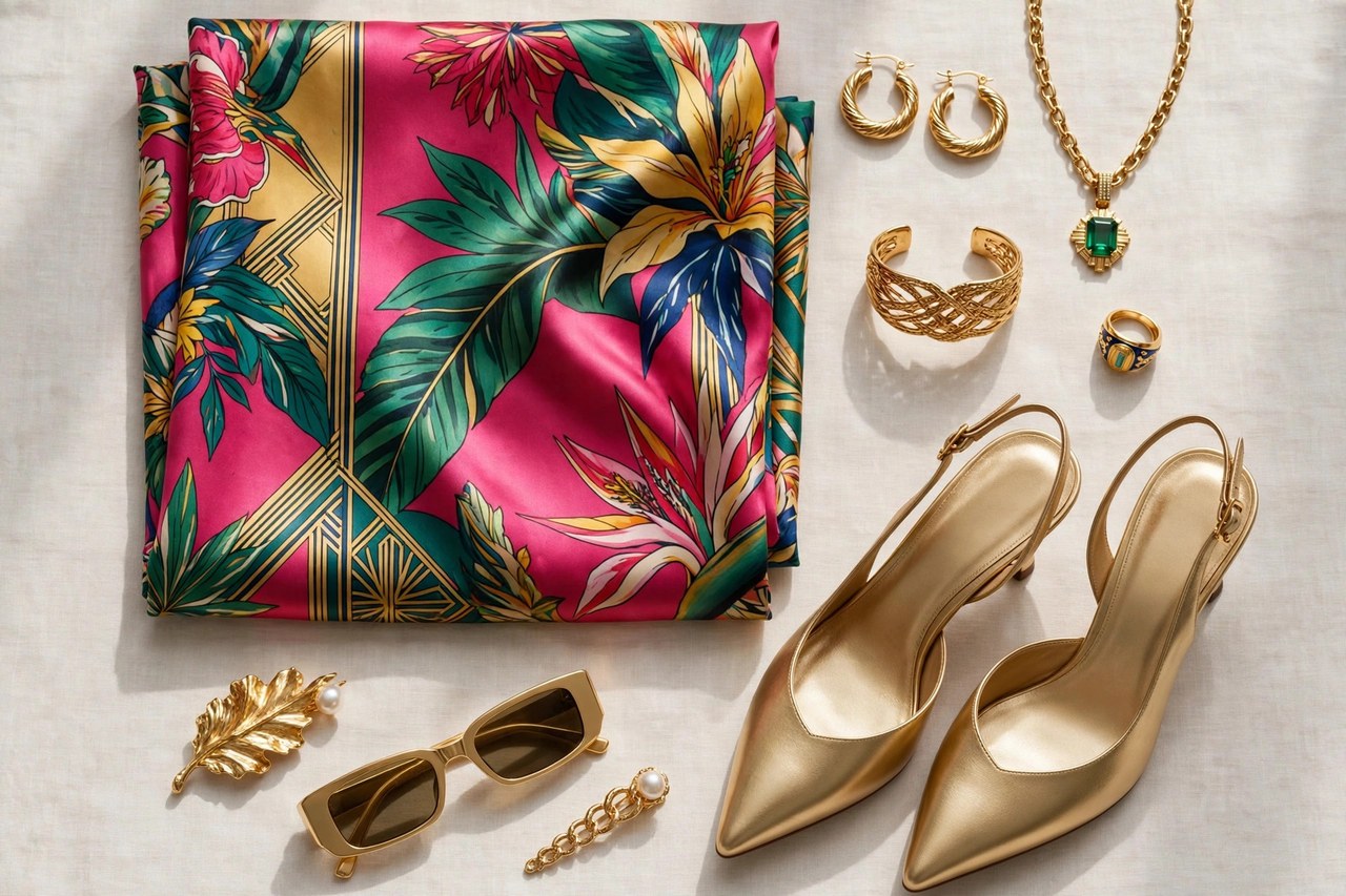 A flat lay of women's bold luxury clothing - a vividly printed silk dress fabric, gold-tone accessories and elegant shoes arranged neatly, product photography with no people and no mannequins