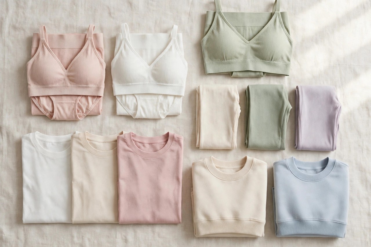 A flat lay of women's everyday basics - folded cotton underwear sets, plain T-shirts, leggings and sweatshirts in white and soft colours arranged neatly, product photography with no people and no mannequins