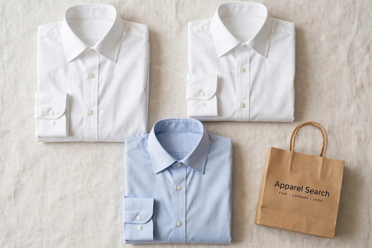 A flat lay of classic men's-style dress shirts - crisp cotton button-down shirts in white and pale blue, neatly folded, arranged with a small Apparel Search shopping bag, product photography with no people and no mannequins