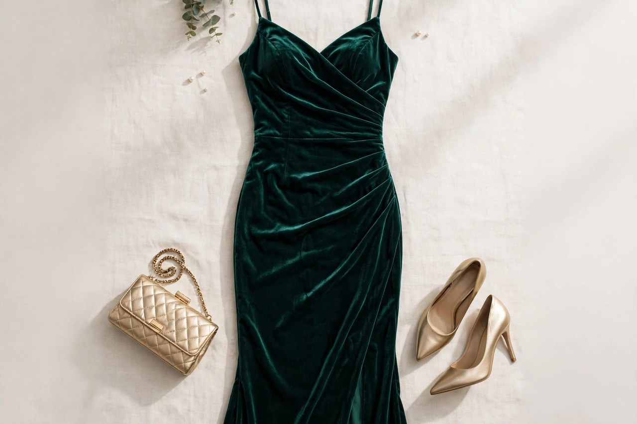 A flat lay of a women's elegant designer dress - a closely fitted evening dress in a rich colour with refined heels and a clutch arranged neatly, product photography with no people and no mannequins