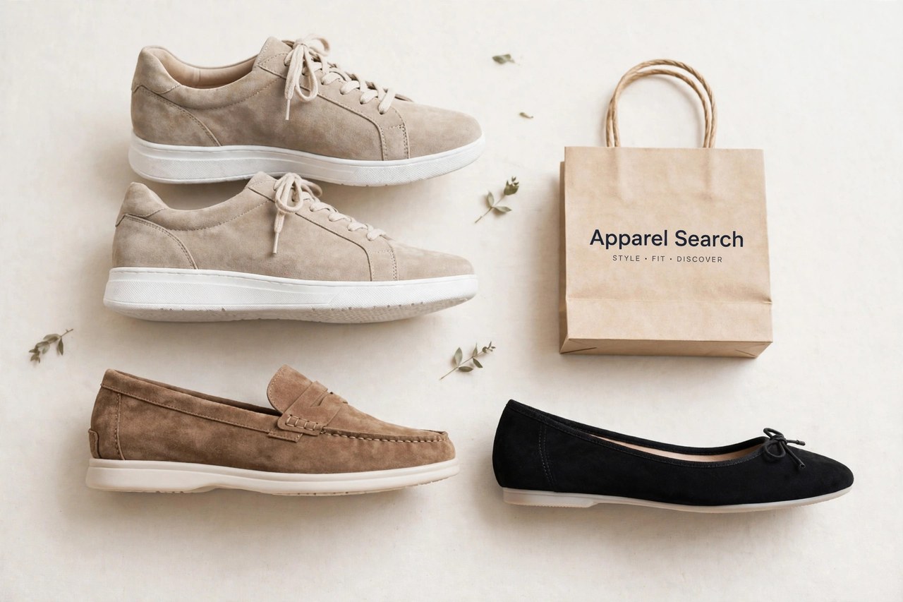 A flat lay of women's casual footwear - brushed-suede shoes with lightweight soles, loafers and casual flats arranged neatly with a small Apparel Search shopping bag, product photography with no people and no mannequins
