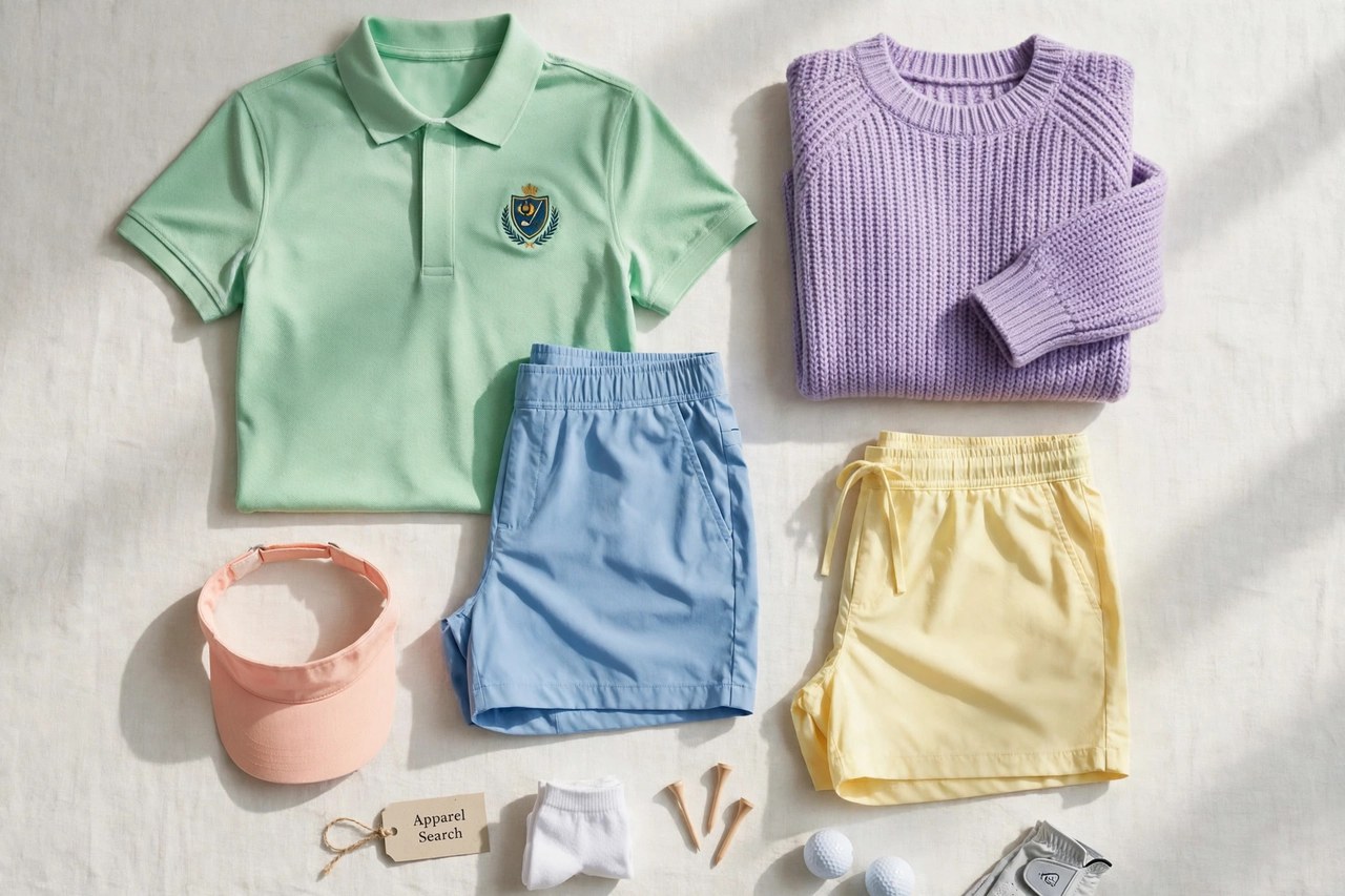 A flat lay of women's sportswear - a pique polo shirt with a small crest, golf and active pieces, shorts and a sweater in fresh colours arranged neatly with a small Apparel Search tag, product photography with no people and no mannequins