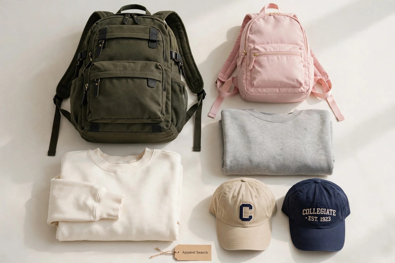 A flat lay of women's backpacks and collegiate apparel - a sturdy day pack, a smaller campus pack, folded sweatshirts and caps arranged neatly with a small Apparel Search tag, product photography with no people and no mannequins