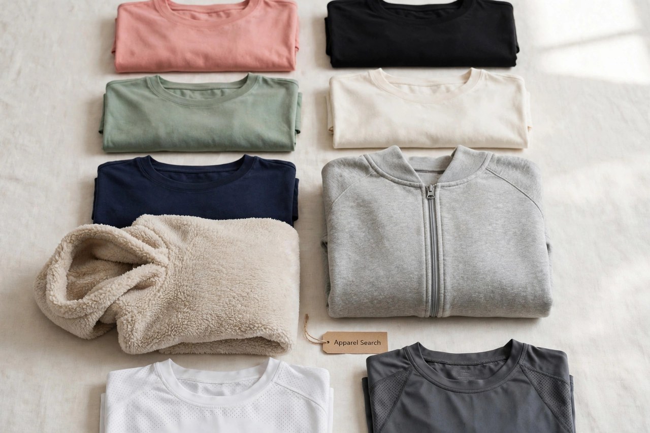 A flat lay of women's basic apparel - folded t-shirts in several colours, a fleece hoodie, a zip-front sweatshirt and sport shirts arranged neatly with a small Apparel Search tag, product photography with no people and no mannequins