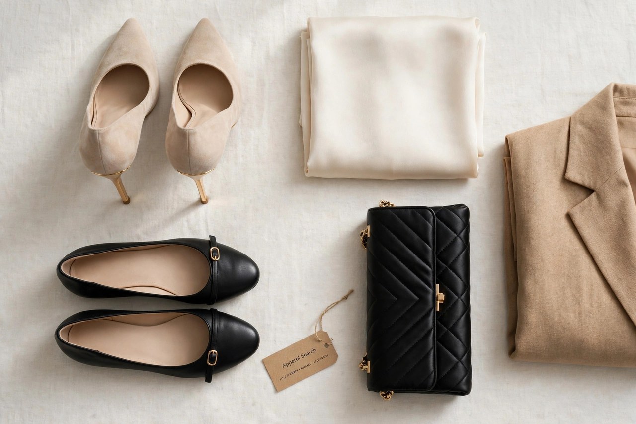 A flat lay of women's footwear and designer clothing as products only - elegant heeled shoes, a pair of flats, a clutch bag and folded garments arranged neatly with a small Apparel Search tag, product photography with no people and no mannequins