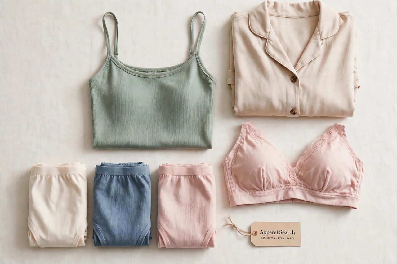 A flat lay of women's intimates and basics as products only - folded cotton briefs, camisoles, soft bras and sleep tops in clean colours arranged neatly with a small Apparel Search tag, product photography with no people and no mannequins