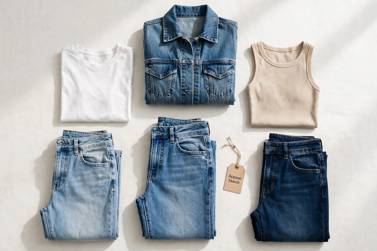 A flat lay of women's denim - folded jeans in several washes, a denim jacket and simple tops arranged neatly with a small Apparel Search tag, product photography with no people and no mannequins