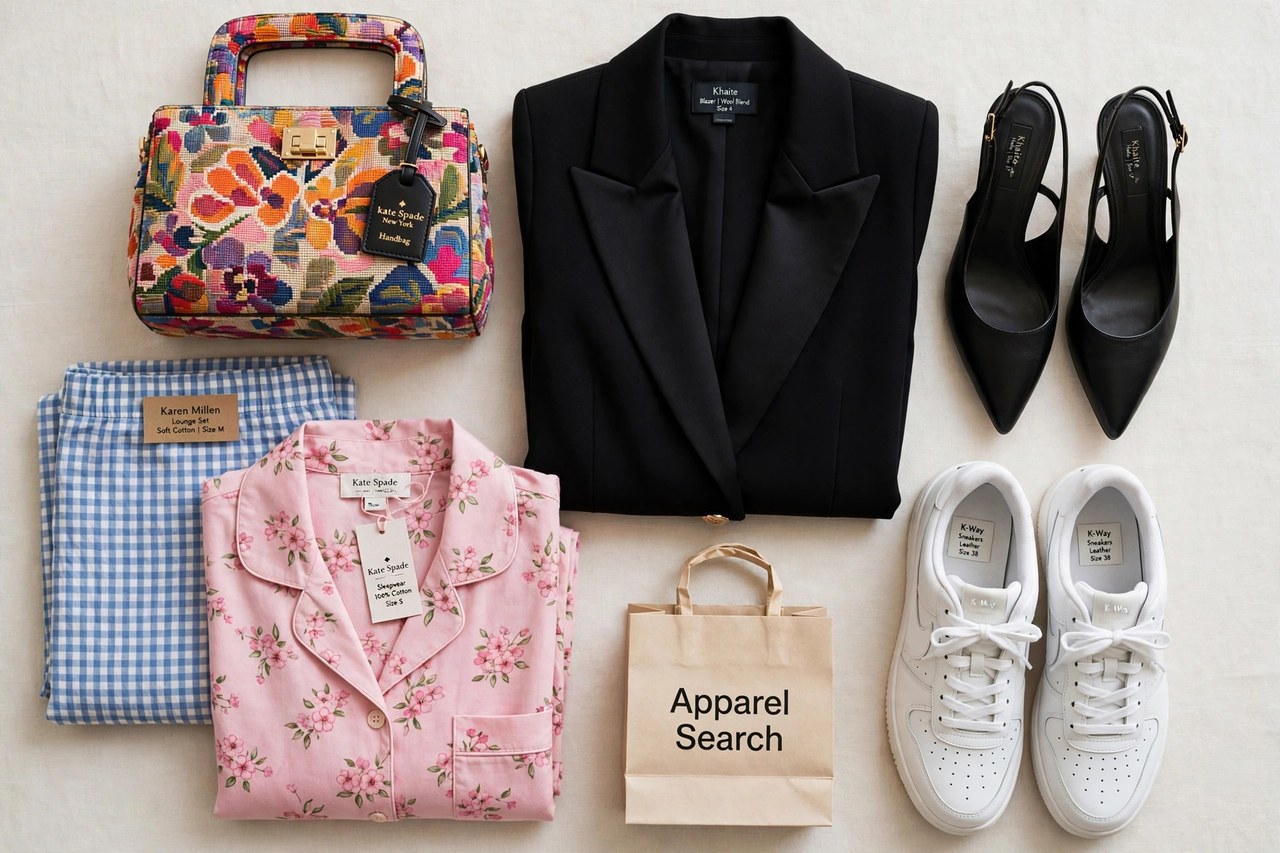 A flat lay of women's clothing from brands beginning with K - folded pajama sets, a colourful handbag, tailored shoes, glamorous ready-to-wear and white tennis sneakers arranged together with a small Apparel Search shopping bag, product photography with no people and no mannequins