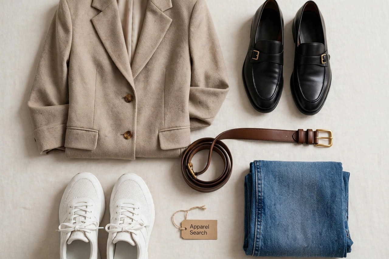 A flat lay of women's clothing and footwear - a tailored jacket, dress shoes, sneakers, a belt and folded denim arranged neatly with a small Apparel Search tag, product photography with no people and no mannequins