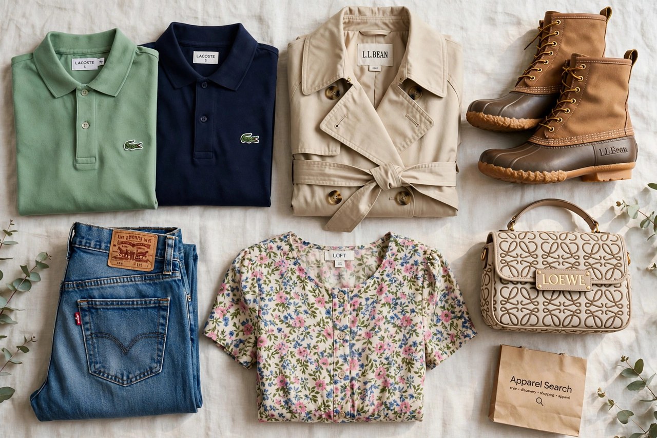 A flat lay of women's clothing from brands beginning with L - polo shirts, blue jeans, a trench coat, duck boots, a floral shift dress and a monogram handbag arranged together with a small Apparel Search shopping bag, product photography with no people and no mannequins