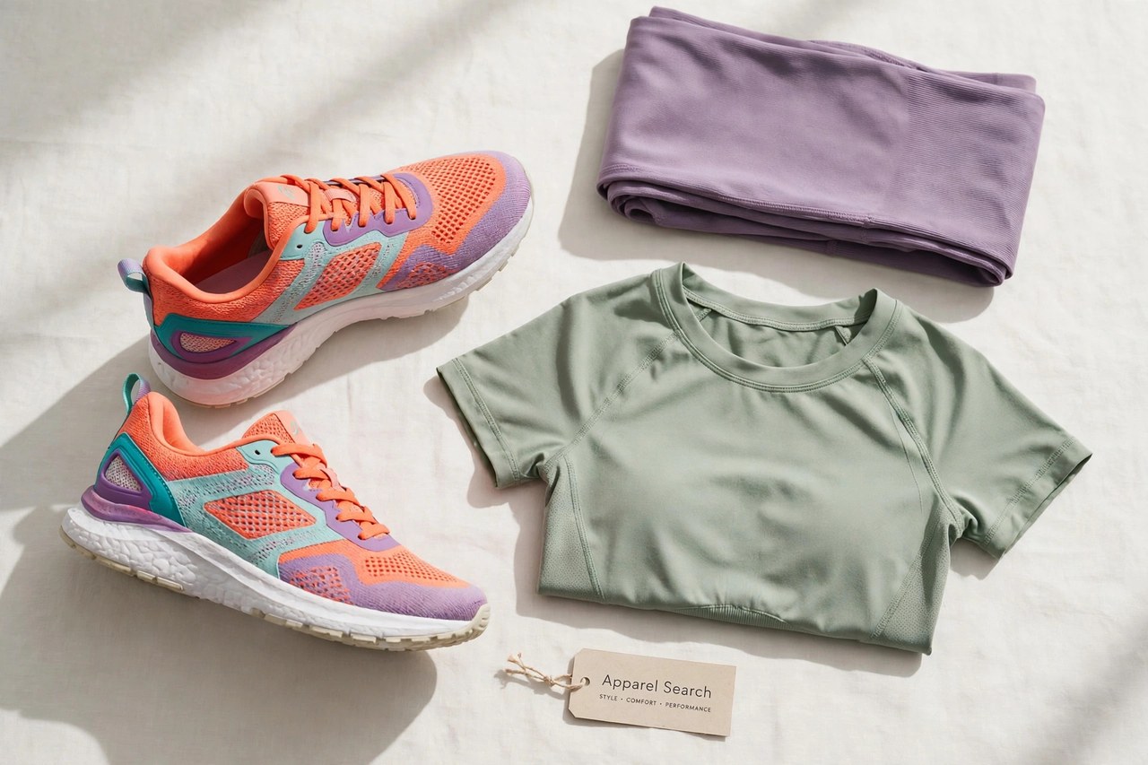 A flat lay of women's athletic footwear and sporty clothing - colourful sneakers, folded leggings and a gym top arranged neatly with a small Apparel Search tag, product photography with no people and no mannequins