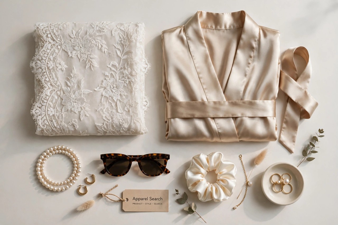 A flat lay of luxury women's apparel as products only - an embroidered lace garment, a silk robe and elegant accessories arranged neatly with a small Apparel Search tag, product photography with no people and no mannequins