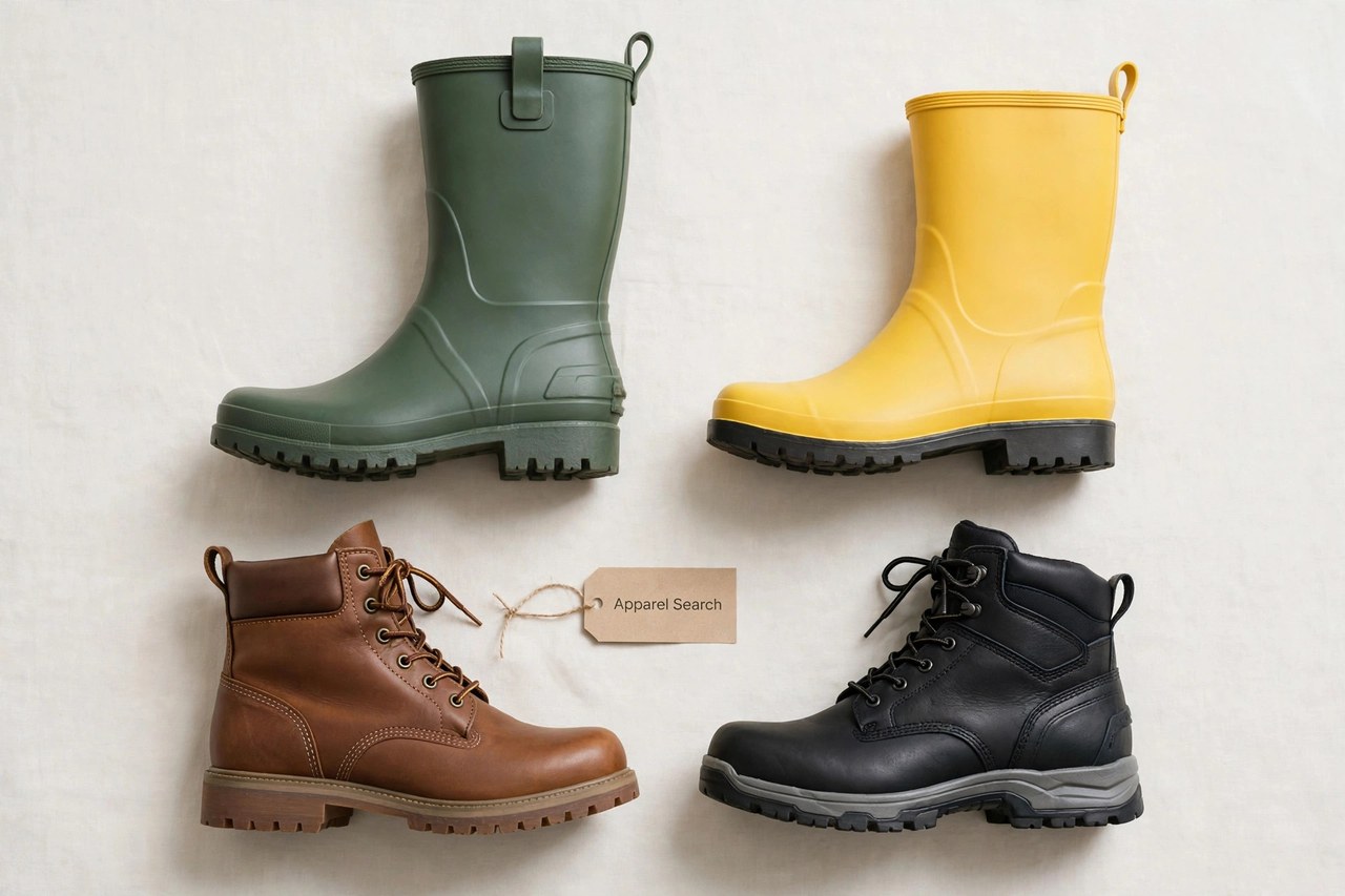 A flat lay of women's outdoor footwear as products only - sturdy rubber boots and work boots arranged neatly on a clean background with a small Apparel Search tag, product photography with no people and no mannequins