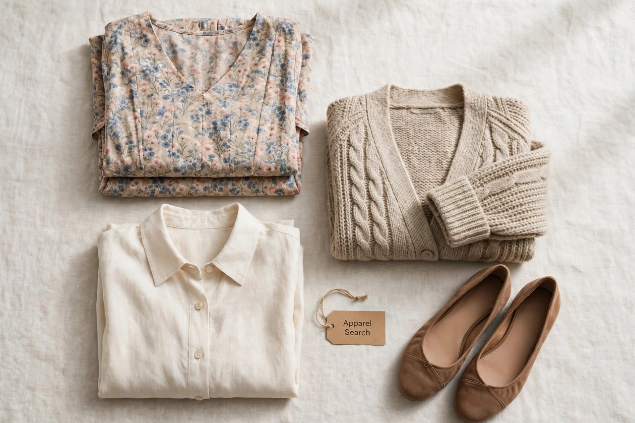 A flat lay of women's plus-size clothing as products only - a folded dress, blouse, cardigan and flats arranged neatly with a small Apparel Search tag, product photography with no people and no mannequins