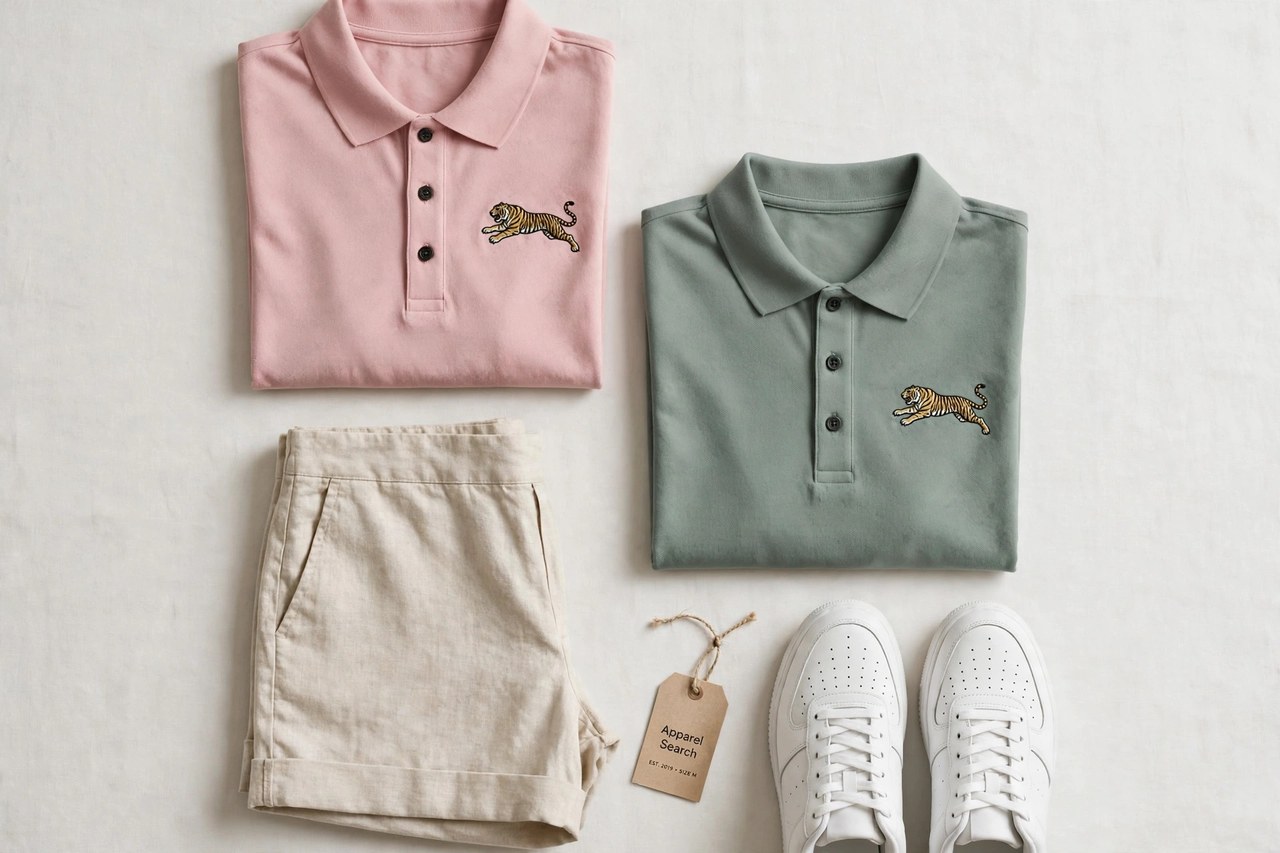 A flat lay of women's polo shirts and casual clothing - folded polos with a leaping tiger emblem, shorts and sneakers arranged neatly with a small Apparel Search tag, product photography with no people and no mannequins