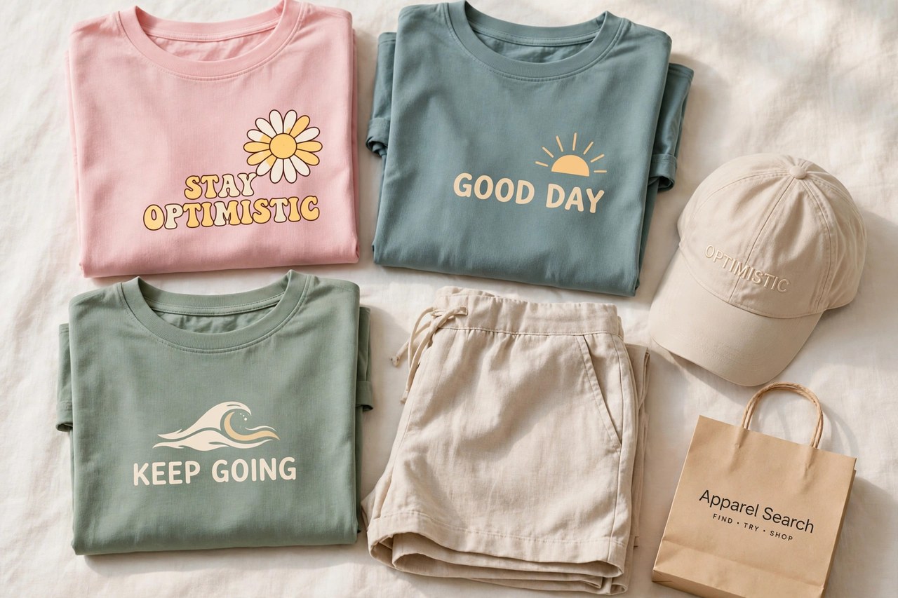 A flat lay of women's casual graphic tees and relaxed clothing - folded optimistic printed t-shirts, shorts and a cap arranged neatly with a small Apparel Search shopping bag, product photography with no people and no mannequins