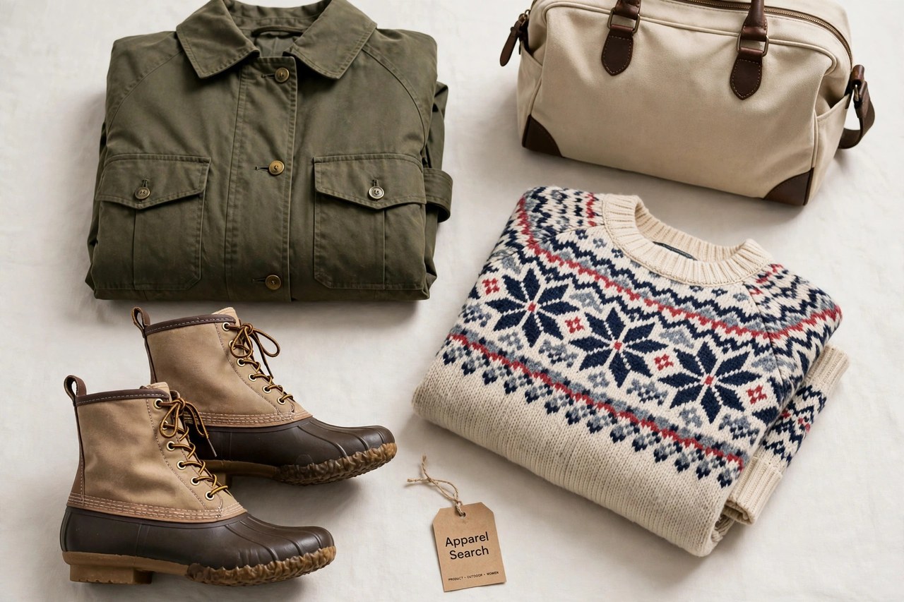 A flat lay of women's outdoor clothing - duck boots, a field coat, a Norwegian-style sweater and a duffle bag arranged neatly with a small Apparel Search tag, product photography with no people and no mannequins