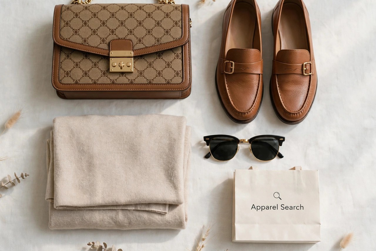 A flat lay of luxury women's leather goods and clothing - a monogram handbag, folded ready-to-wear, shoes and sunglasses arranged neatly with a small Apparel Search shopping bag, product photography with no people and no mannequins