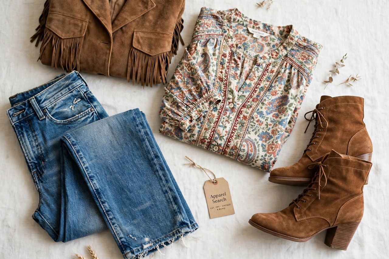 A flat lay of women's vintage-inspired denim and bohemian clothing - hand-finished blue jeans, a printed blouse, a suede jacket and boots arranged neatly with a small Apparel Search tag, product photography with no people and no mannequins