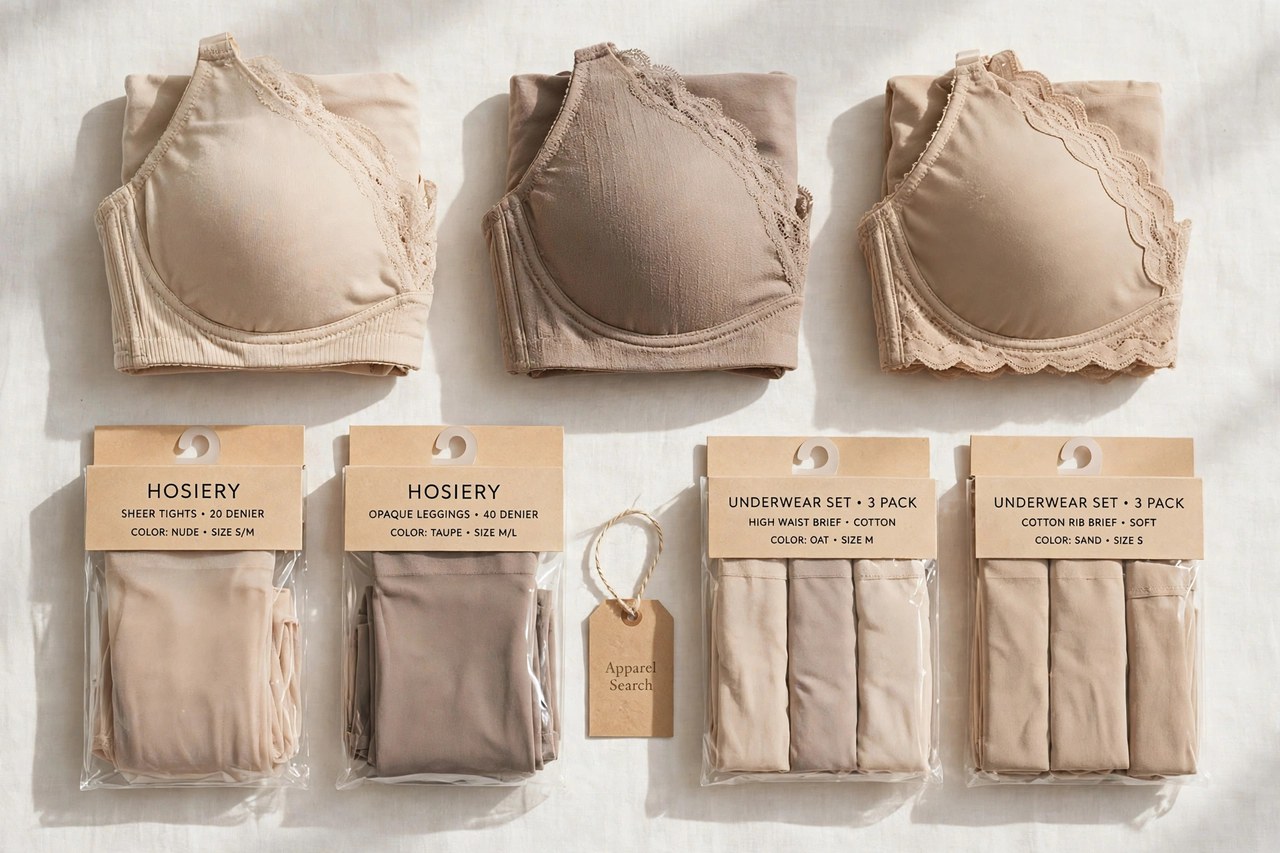 A flat lay of women's bras and underwear as products only - folded bras in neutral colours, packaged hosiery and underwear sets arranged neatly with a small Apparel Search tag, product photography with no people and no mannequins