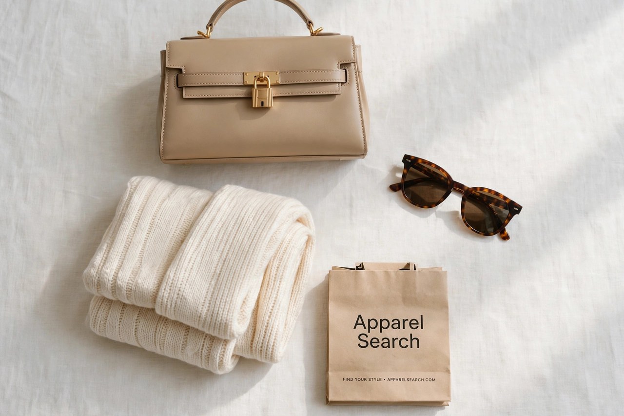 A flat lay of women's designer clothing and accessories - a structured handbag, folded knitwear and sunglasses arranged neatly with a small Apparel Search shopping bag, product photography with no people and no mannequins