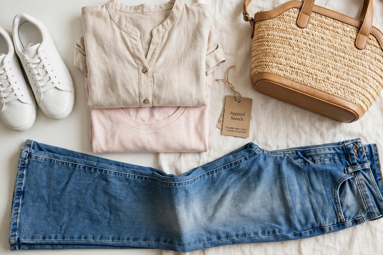 A flat lay of women's jeans and casual clothing as products only - flared blue jeans, folded tops, a handbag and shoes arranged neatly with a small Apparel Search tag, product photography with no people and no mannequins