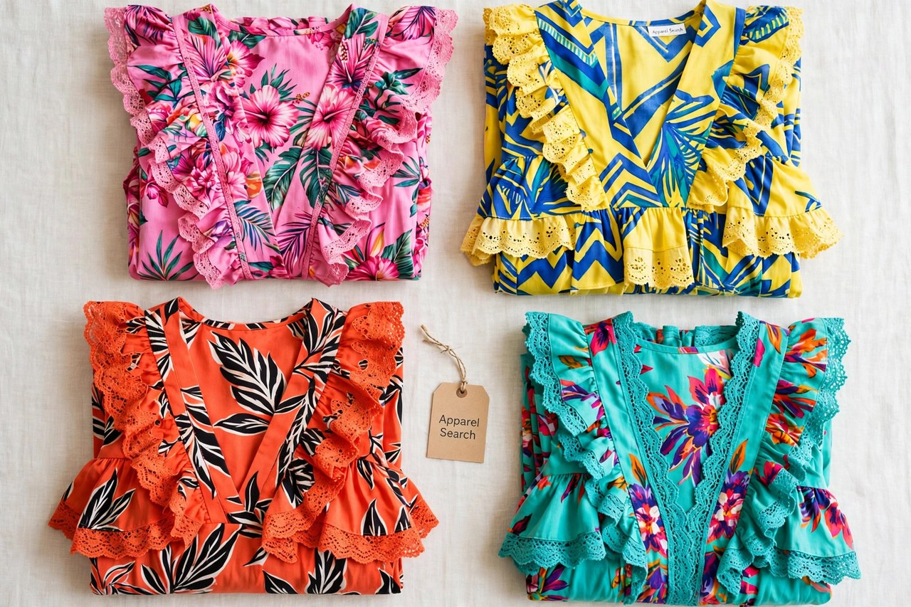 A flat lay of women's dresses as products only - bold printed and brightly coloured dresses with ruffles and lace arranged neatly with a small Apparel Search tag, product photography with no people and no mannequins