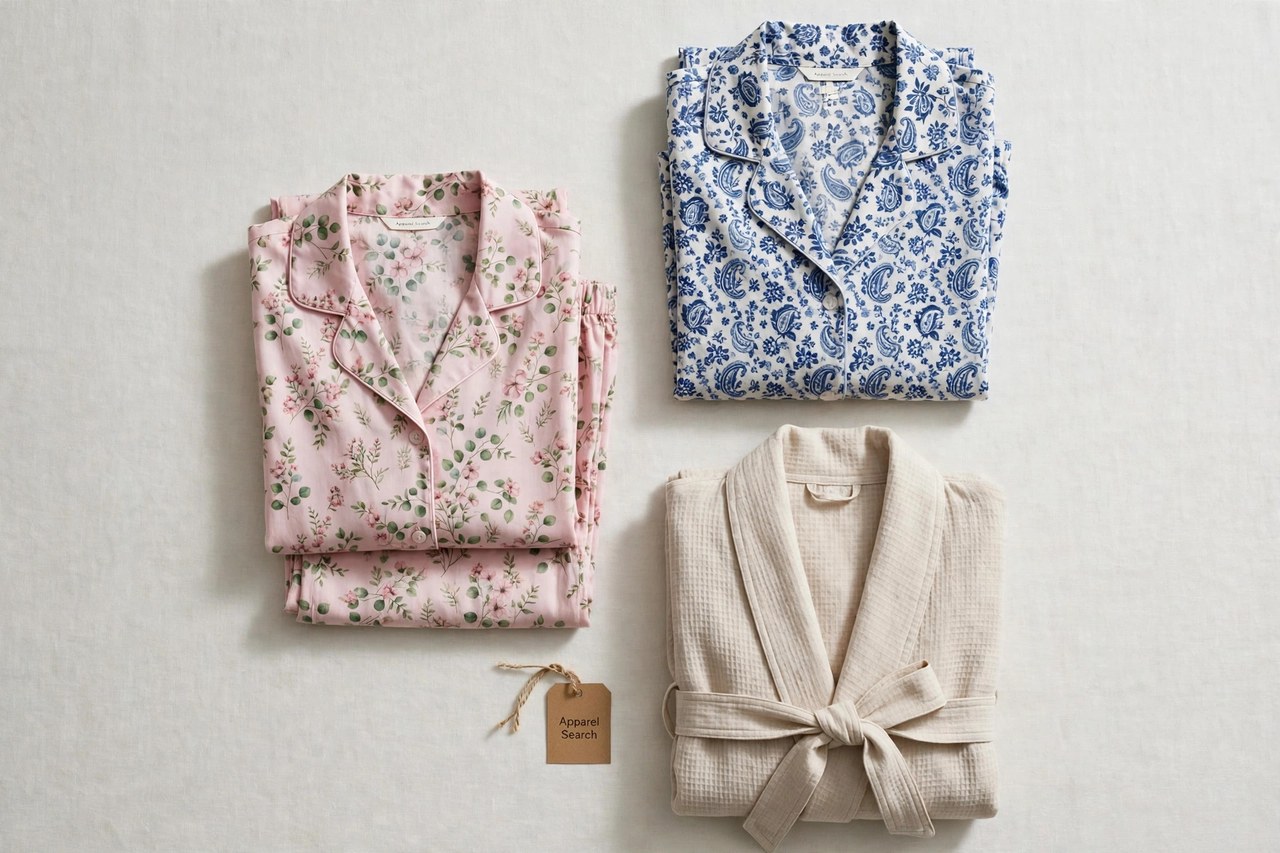A flat lay of women's pajamas as products only - folded printed pajama sets and a robe arranged neatly with a small Apparel Search tag, product photography with no people and no mannequins