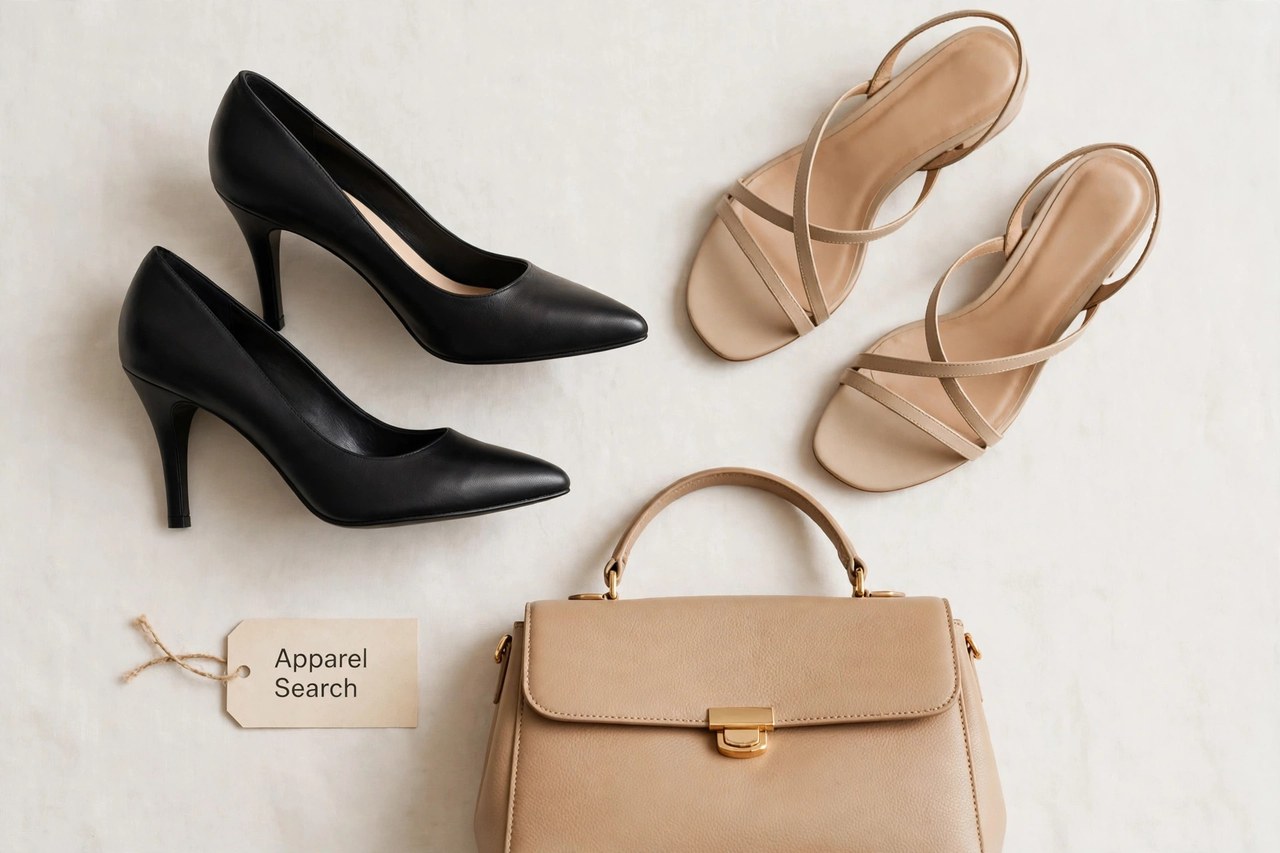 A flat lay of women's shoes and accessories as products only - heeled pumps, sandals and a handbag arranged neatly with a small Apparel Search tag, product photography with no people and no mannequins