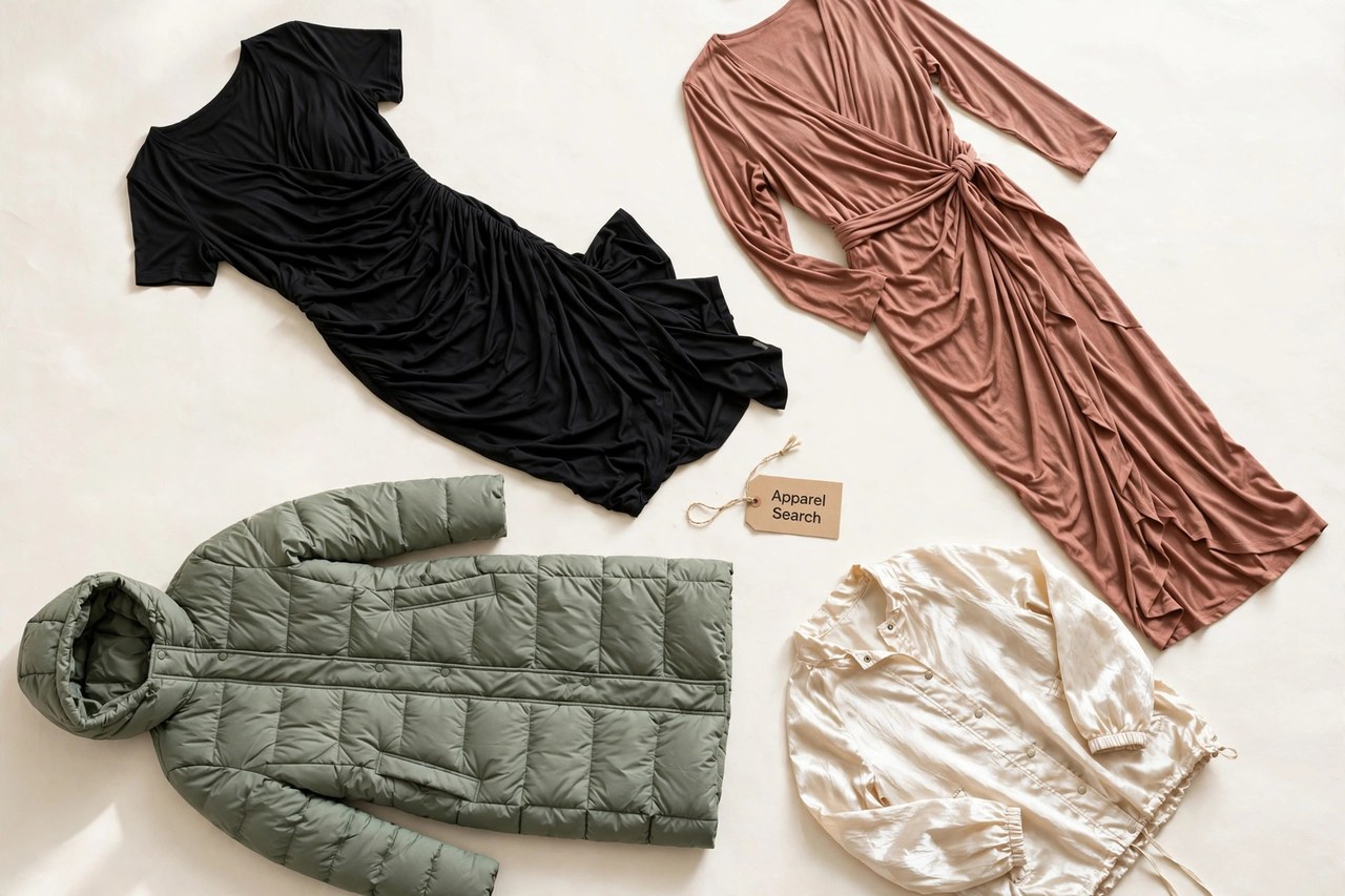 A flat lay of women's jersey clothing as products only - draped jersey dresses, a long padded coat and parachute-silk style garments arranged neatly with a small Apparel Search tag, product photography with no people and no mannequins