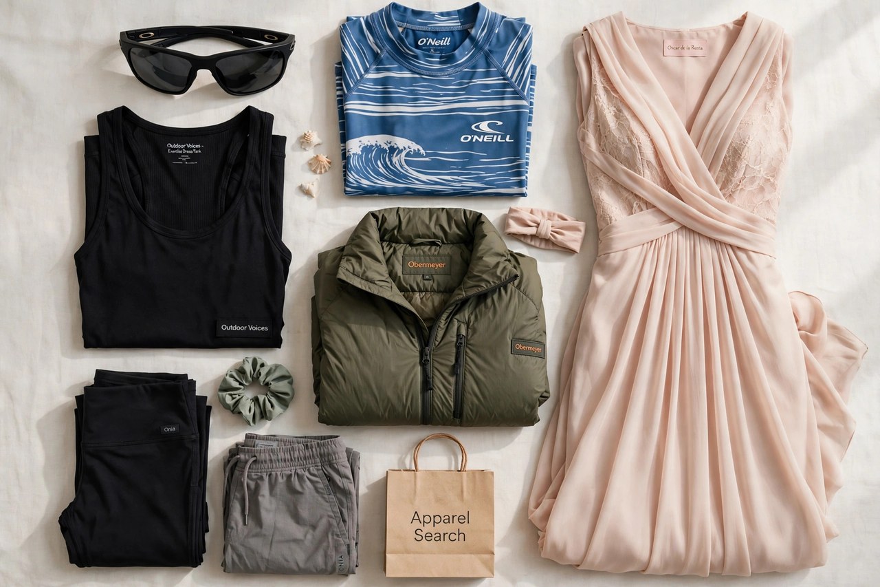 A flat lay of women's clothing from brands beginning with O - sunglasses and athletic tops, surf apparel, an elegant gown, outdoor jackets and folded sportswear arranged together with a small Apparel Search shopping bag, product photography with no people and no mannequins