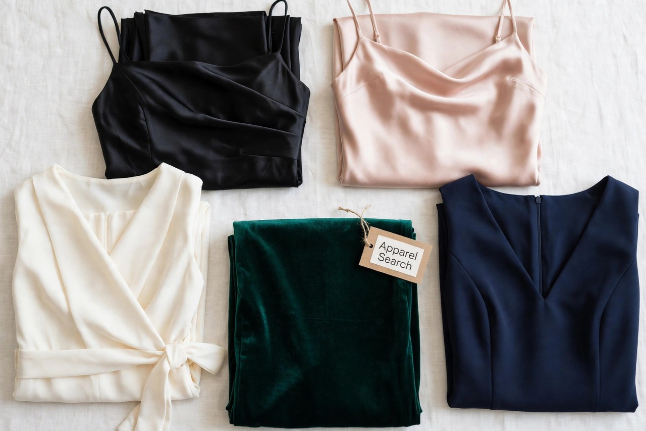 A flat lay of women's elegant dresses and gowns as products only - clean-lined dresses in luxurious fabrics arranged neatly with a small Apparel Search tag, product photography with no people and no mannequins