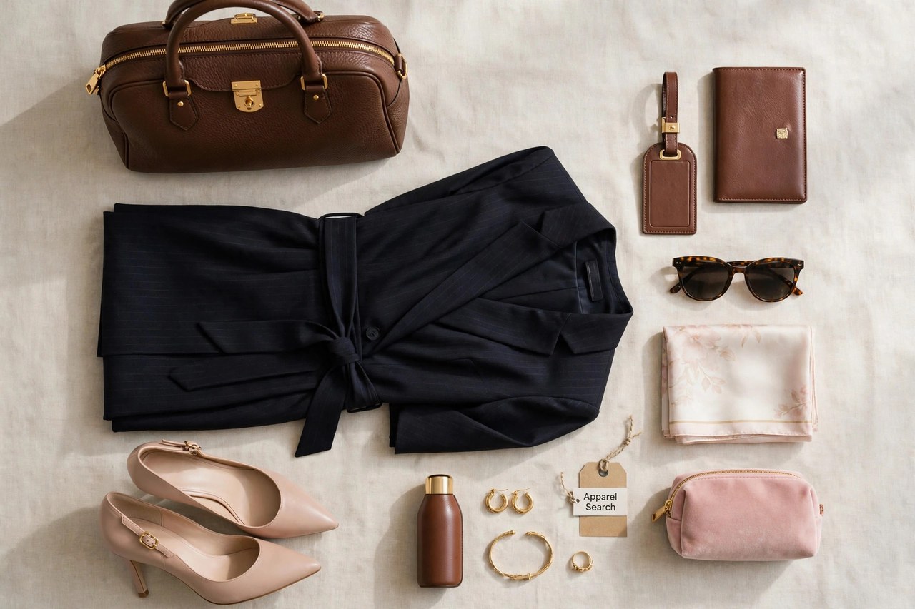 A flat lay of women's luxury clothing and accessories as products only - a leather handbag, elegant shoes, a tailored dress and travel accessories arranged neatly with a small Apparel Search tag, product photography with no people and no mannequins
