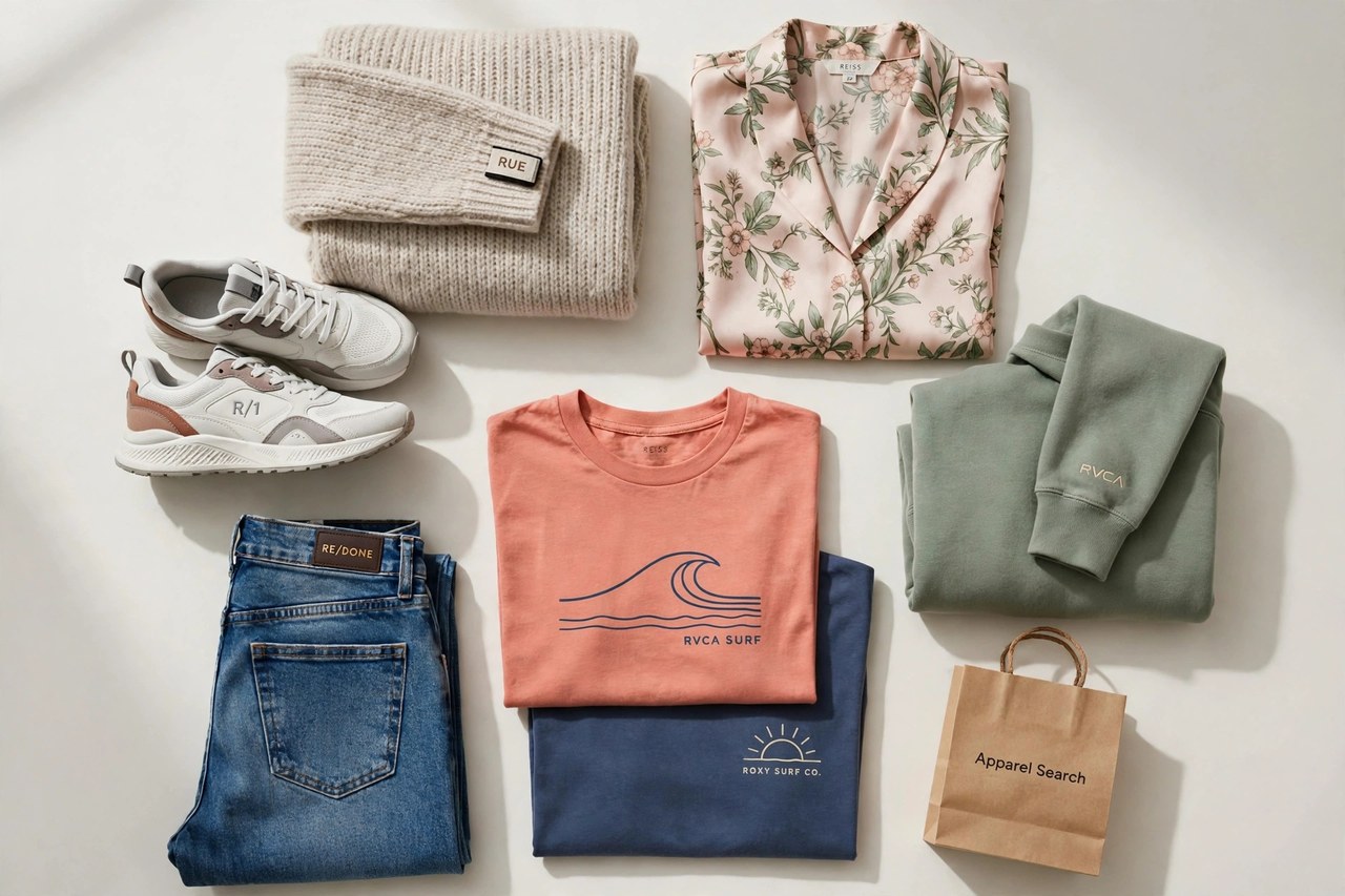A flat lay of women's clothing from R brands as products only - a folded knit sweater, athletic sneakers, printed silk blouse, premium jeans, surf t-shirts and a cotton sweatshirt arranged together with a small Apparel Search shopping bag, product photography with no people and no mannequins