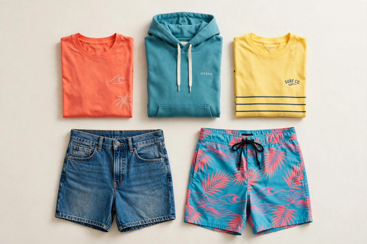 A flat lay of women's surf clothing as products only - folded t-shirts, denim shorts, a hooded top and board shorts in bright colours arranged neatly on a clean background, product photography with no people and no mannequins
