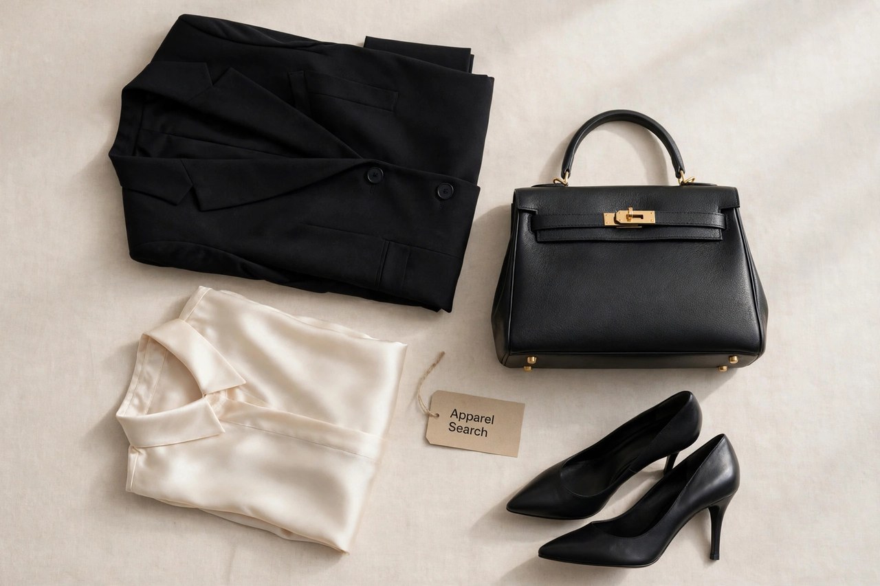 A flat lay of women's luxury clothing as products only - a tailored black blazer, a folded silk blouse, a leather handbag and heeled shoes arranged neatly with a small Apparel Search tag, product photography with no people and no mannequins
