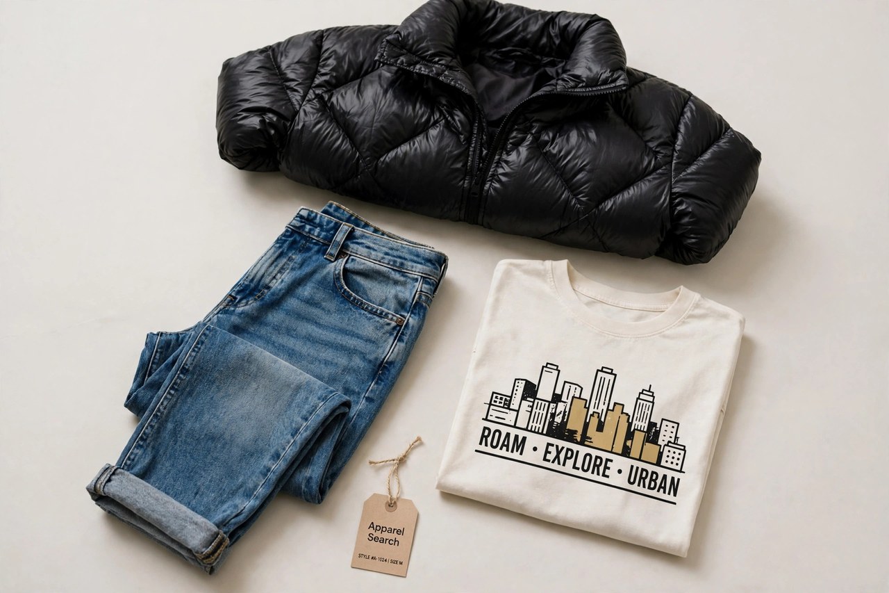 A flat lay of women's urban clothing as products only - a puffy bubble jacket, relaxed fit denim jeans and a graphic t-shirt arranged neatly with a small Apparel Search tag, product photography with no people and no mannequins