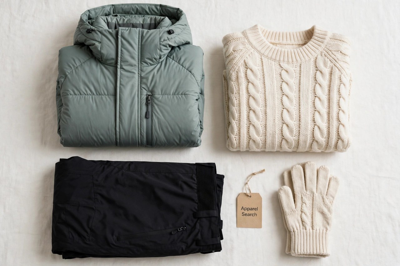 A flat lay of women's ski clothing as products only - a folded insulated ski jacket, ski pants, a knit ski sweater and gloves arranged neatly with a small Apparel Search tag, product photography with no people and no mannequins