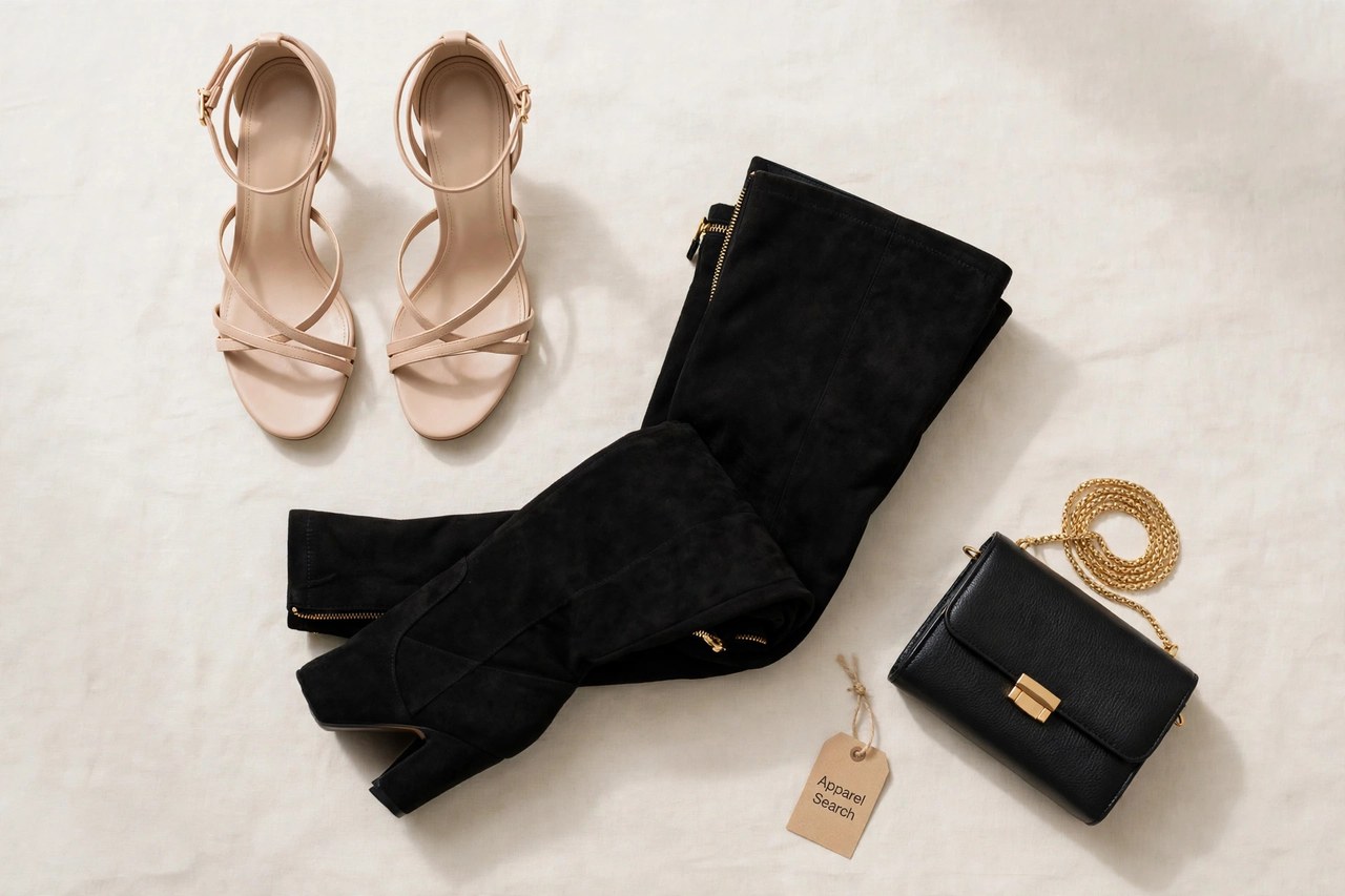 A flat lay of women's designer footwear as products only - a pair of elegant heeled sandals, over-the-knee boots folded neatly and a small clutch arranged with a small Apparel Search tag, product photography with no people and no mannequins