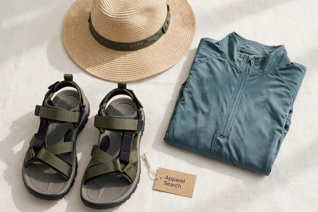 A flat lay of women's outdoor sandals as products only - a pair of sport sandals with webbing straps, a folded quick-dry top and a sun hat arranged neatly with a small Apparel Search tag, product photography with no people and no mannequins